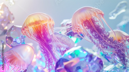 Jellyfish and crystals on a gray background