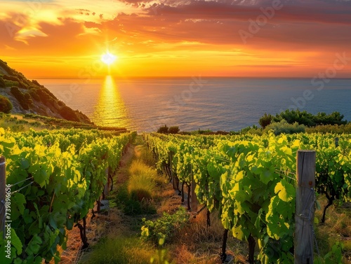 Beautiful vineyard on the slopes of the azure coast of France, sunset rays, warm summer evening, professional photo, nature photo