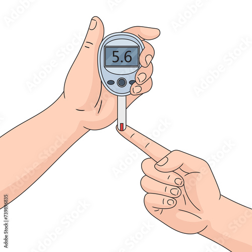 Human hands with glucose meter blood test glucometer medical device hand drawn schematic raster illustration. Medical science educational illustration photo