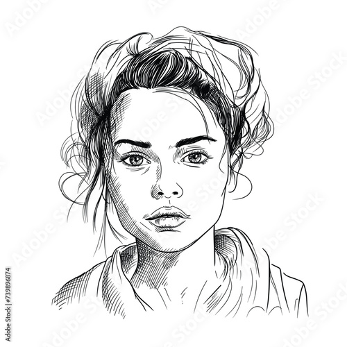 Vector portrait of a fashionable young beautiful girl with tousled hair. Vector linear black and white female portrait.