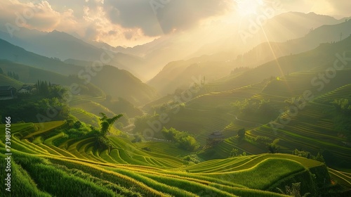 Sunlit scene overlooking China rice plantation, bright rich color, professional photo