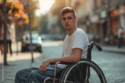 Young man in wheelchair in city street