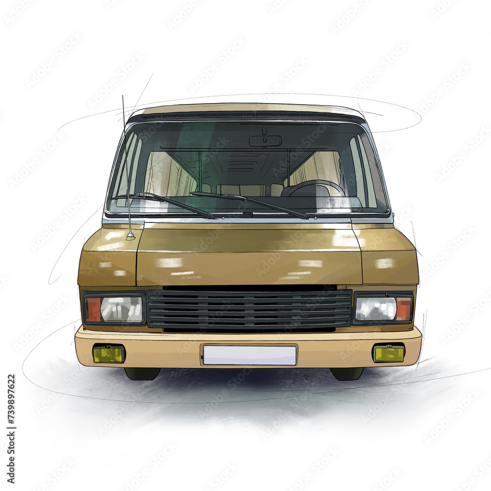 Hand drawn illustration,beige retro bus, old car, retro garage, antique car, Soviet auto industry. High quality illustration