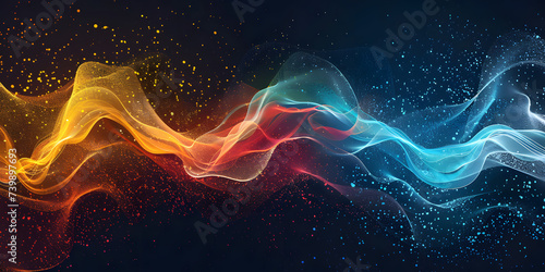 Vibrant rainbow, orange blue teal white psychedelic grainy gradient color flow wave on black background, music cover dance party poster design 