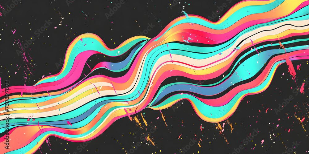 Obraz premium Vibrant VHS style orange pink teal white psychedelic grainy gradient color flow wave on black background 