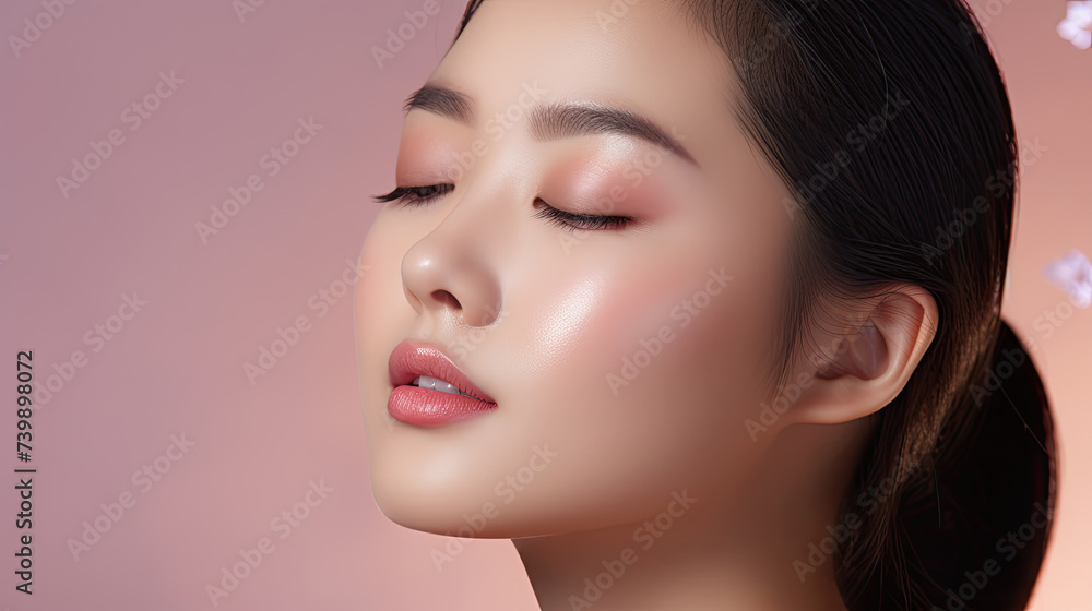 © AstraNova - closeup of glamorous face of glowing Asian female model with natural beautiful skin using makeup remover on bright background © AstraNova - closeup of glamorous face of glowing Asian female model with natural beautiful skin using makeup remover on bright background