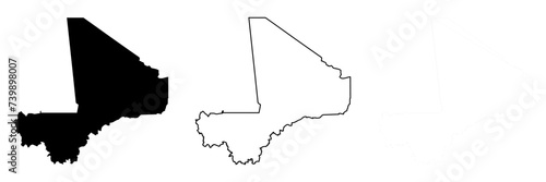 Mali country silhouette. Set of 3 high detailed maps. Solid black silhouette, thick black outline and thin black outline. Vector illustration isolated on white background.