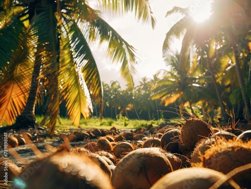 Sunlit scene overlooking the coconut plantation with many coconuts, bright rich color, professional nature photo photo