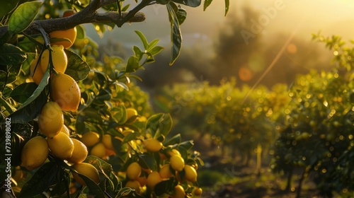 Sunlit scene overlooking the lemon plantation with many lemons  bright rich color  professional nature photo