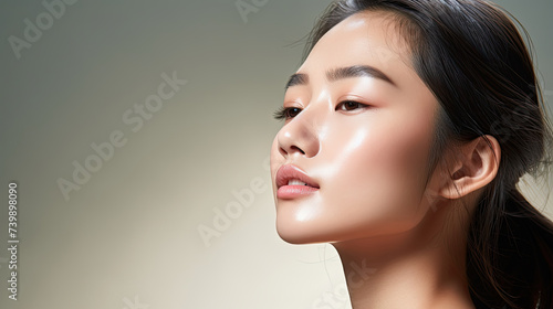 closeup of glamorous face of glowing Asian female model with natural beautiful skin using makeup remover on bright background created with Generative AI Technology photo
