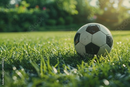 A soccer ball sits on the grass, blurred background, concept, children's football, sports, football, futsal or soccer.