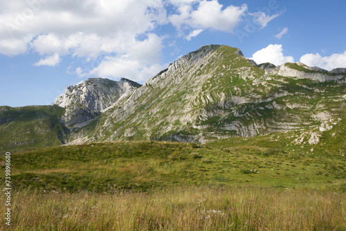 Serene green slopes ascend towards a clear sky, hinting at the majesty of the mountainous terrain. The lush grasses and stratified rock formations invite adventure and exploration