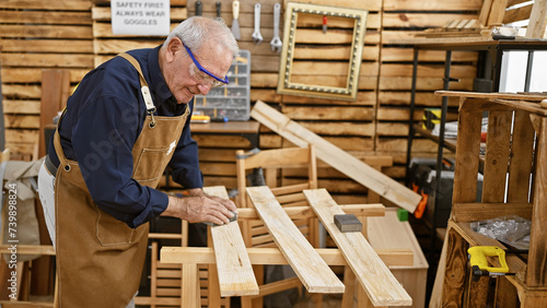 Smiling senior man, a master carpenter, happily sanding a plank of timber in his indoor workshop, wearing security glasses as safety in carpentry is paramount.