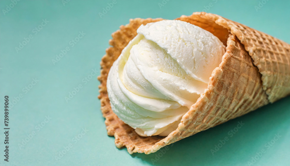 Soft serve ice cream cone on pastel mint colored background. Food cold dessert