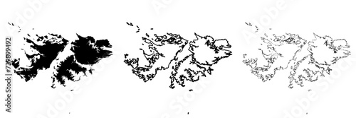 Falklands silhouette. Set of 3 high detailed maps. Solid black silhouette, thick black outline and thin black outline. Vector illustration isolated on white background.
