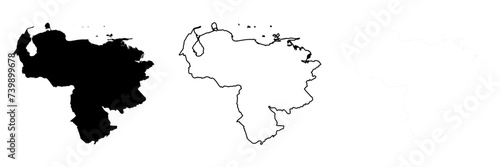 Venezuela country silhouette. Set of 3 high detailed maps. Solid black silhouette, thick black outline and thin black outline. Vector illustration isolated on white background.