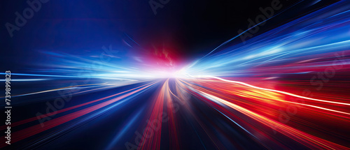 High speed light motion trails futuristic wallpaper blur light glowing effect in blue and red light streaks on dark background created with Generative AI Technology photo