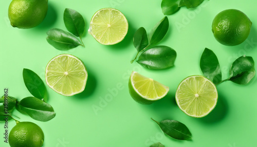 lime and sliced lime  isolated light green background  above view. copy space for text 