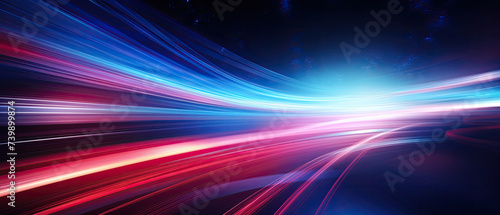 High speed light motion trails futuristic wallpaper blur light glowing effect in blue and red light streaks on dark background created with Generative AI Technology