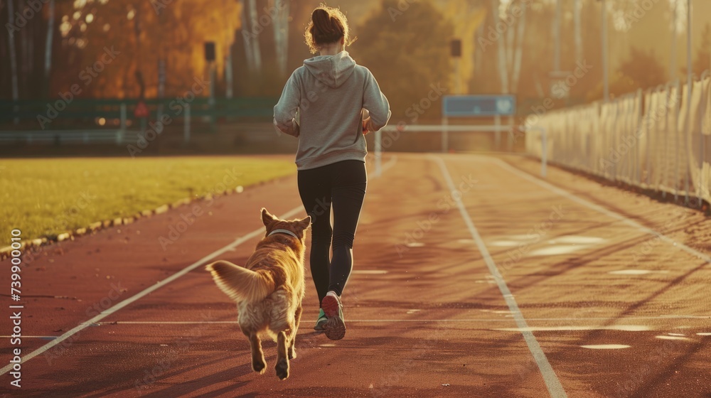 Fototapeta premium A girl with a dog goes in for sports, jogging in nature. Healthy lifestyle concept, training outside the home. Background for fitness advertising.