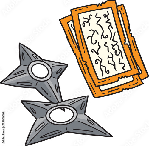 Shuriken and Scroll Cartoon Colored Clipart 