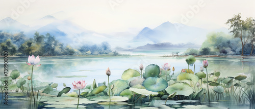 Calm Lake with blooming Lotus Flowers and Mountains with sensational mist view drawing with Elegant Chinese ink photo