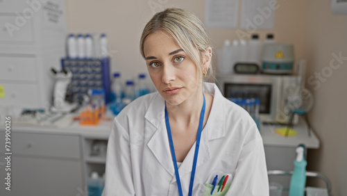 A young  blonde woman in a white lab coat poses thoughtfully in a laboratory  highlighting her professional role.