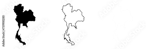 Thailand country silhouette. Set of 3 high detailed maps. Solid black silhouette, thick black outline and thin black outline. Vector illustration isolated on white background.