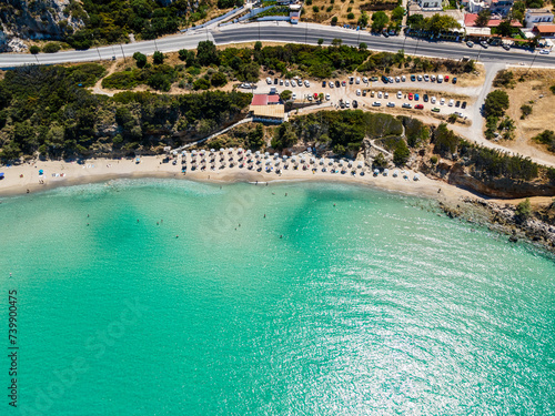Aerial top view by drone of tropical beach of Voulisma beach, Istron, Crete, Greece.