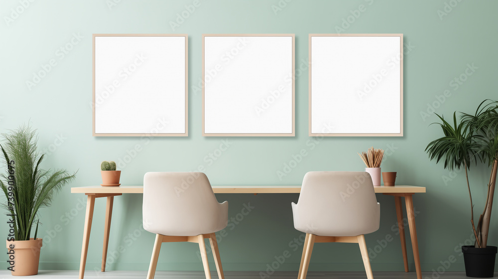 Minimalist Home Office with Triple Blank Wall Frames, Modern Furniture, and Plant Decor Minimalist Home Office with Triple Blank Wall Frames, Modern Furniture, and Plant Decor