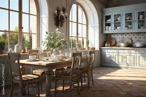 an European style kitchen interior design with tall windows advertising photography