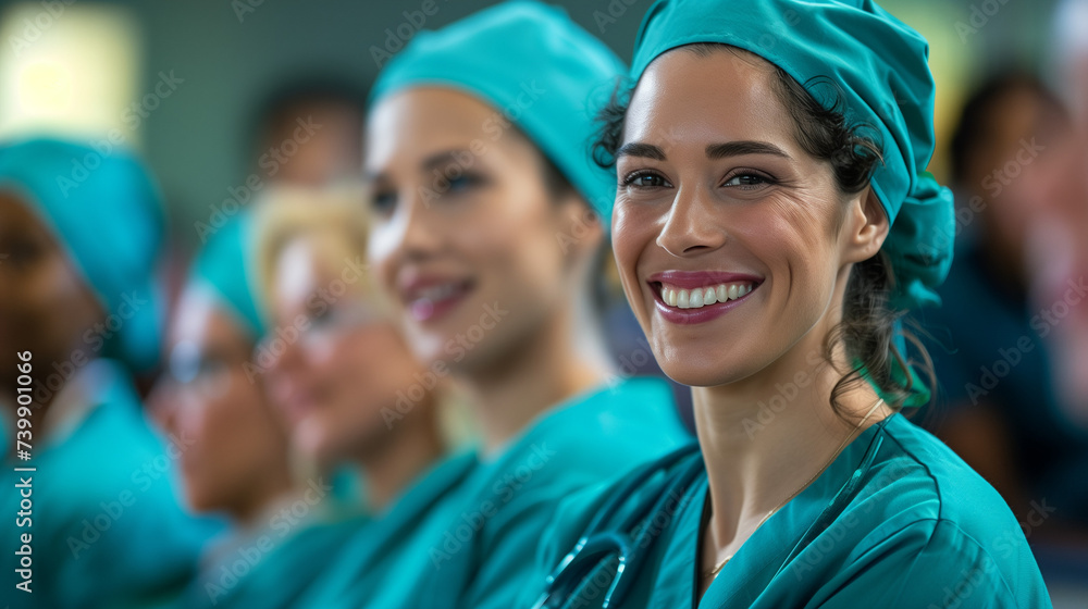 smiling cheerful nurse doctor sit relax in seminar training class nurse doctor group happiness positive face expression in education class hospital background smiling cheerful nurse doctor sit relax in seminar training class nurse doctor group happiness positive face expression in education class hospital background