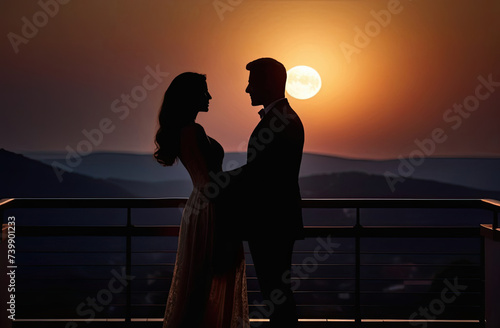 Silhouettes of romantic couple wearing elegant clothes standing on the balcony on the scenic mountains and moon background. Generative AI