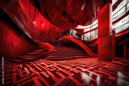 : A dynamic perspective shot showcasing a red podium from a low angle, emphasizing its grandeur and importance in the space it occupies