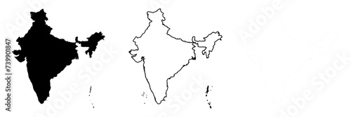 India country silhouette. Set of 3 high detailed maps. Solid black silhouette, thick black outline and thin black outline. Vector illustration isolated on white background. photo
