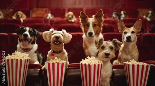 Dogs of different breeds sit on red chairs in a movie theater with popcorn. Advertising concept of a cute animal for cinemas, pet stores.