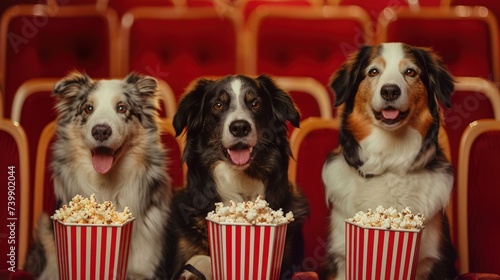 Dogs of different breeds sit on red chairs in a movie theater with popcorn. Advertising concept of a cute animal for cinemas, pet stores.
