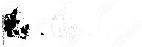 Denmark country silhouette. Set of 3 high detailed maps. Solid black silhouette, thick black outline and thin black outline. Vector illustration isolated on white background.