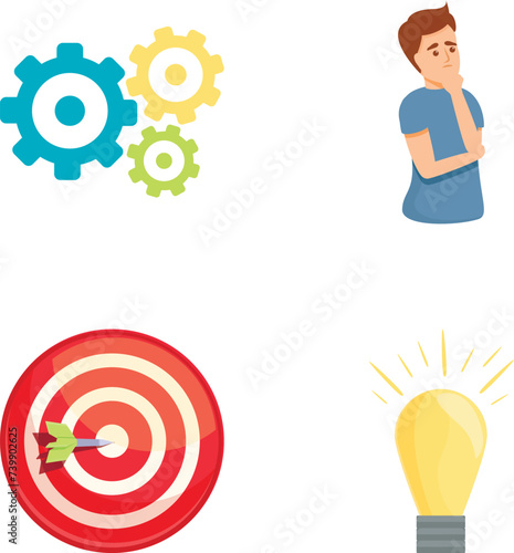 Business idea icons set cartoon vector. Man thinking and find solution. Brainstorm concept