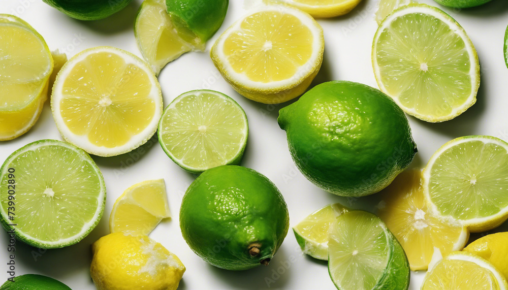lime lemon and sliced lime, isolated white background, above view
