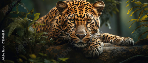beautiful wild big leopard animal facing forward and crouching on a tree looking out into the middle of the jungle with golden light at sunset created with Generative AI Technology