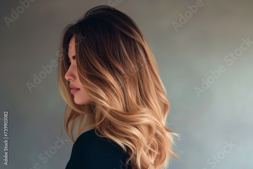 Woman from the back with balayage ombre hair dye technique, featuring a gradual transition from darker roots to lighter ends
