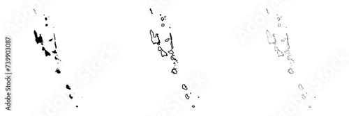 Vanuatu country silhouette. Set of 3 high detailed maps. Solid black silhouette, thick black outline and thin black outline. Vector illustration isolated on white background.