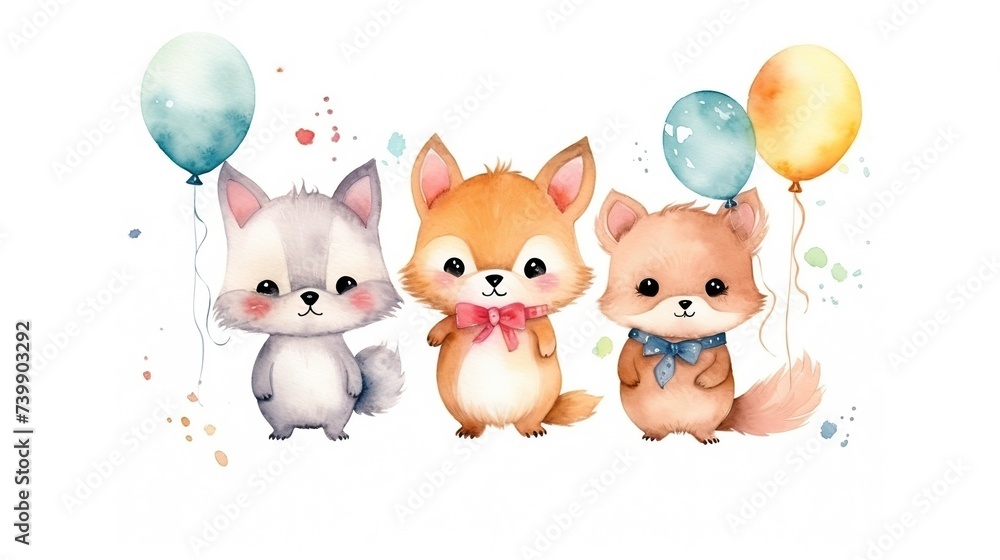 Fototapeta premium A watercolor scene of cute animals with balloons, suitable for a festive children's invitation or a delightful nursery print, with ample text space.