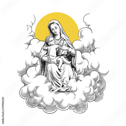 Hand drawn illustration of Mother Mary in engraving style