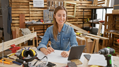 A smiling young woman drafts plans in a well-equipped carpentry workshop, showcasing creativity and skill. photo