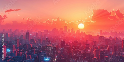Bustling 3D cartoon cityscape at sunset with orange twilight ambiance