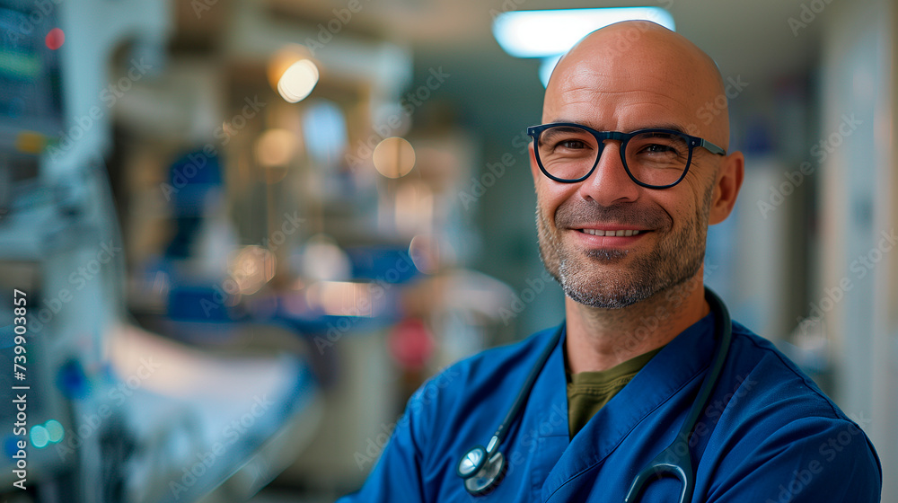 Portrait of a smiling doctor with a blue doctor's coat and a clinic in the background