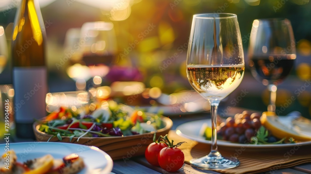 Elegant Outdoor Dining Setup with Wine and Gourmet Dinner at Sunset