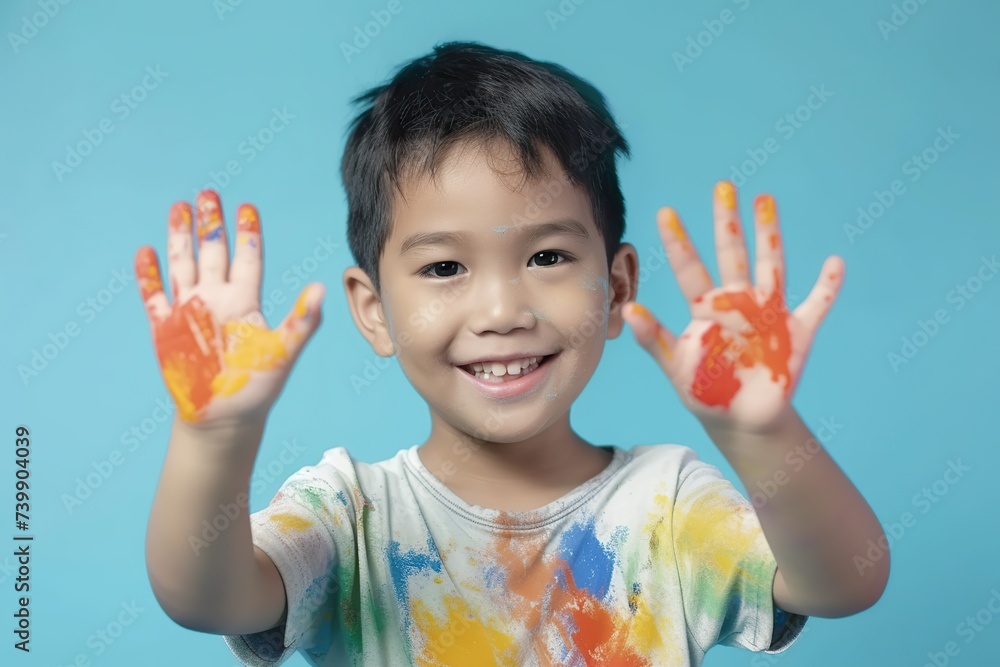 Child showing hands painted in colorful paints Child showing hands painted in colorful paints